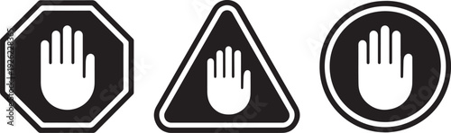 Three different styles of hand icons isolated on transparent background for safety signs