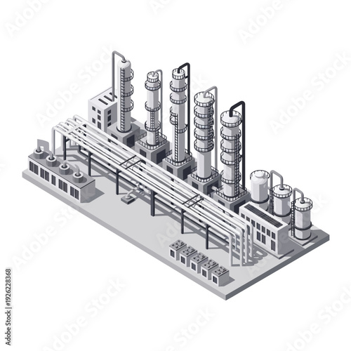 Industrial Factory 3D Model with Towers and Tanks.