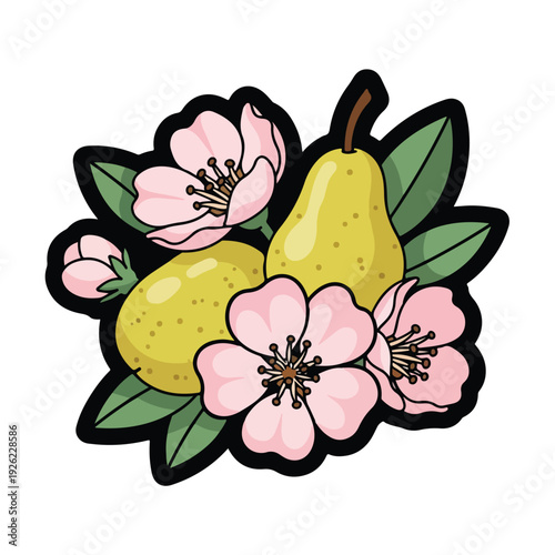A colorful illustration of two pears surrounded by pink flowers