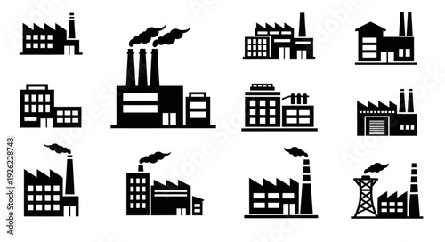 Collection of factory silhouettes, industrial buildings, and manufacturing plants.