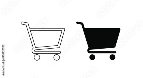 Two distinct shopping cart icons, one an outline and one solid black, representing online retail, e-commerce, and digital purchasing, essential for web and app design.