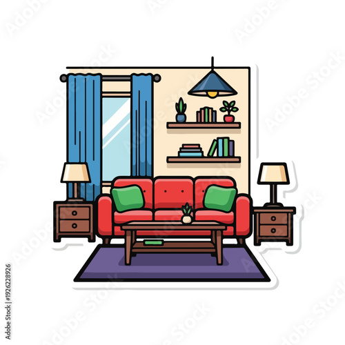 A cozy living room with a red couch and coffee table