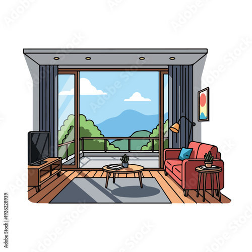 A cozy living room with a mountain view