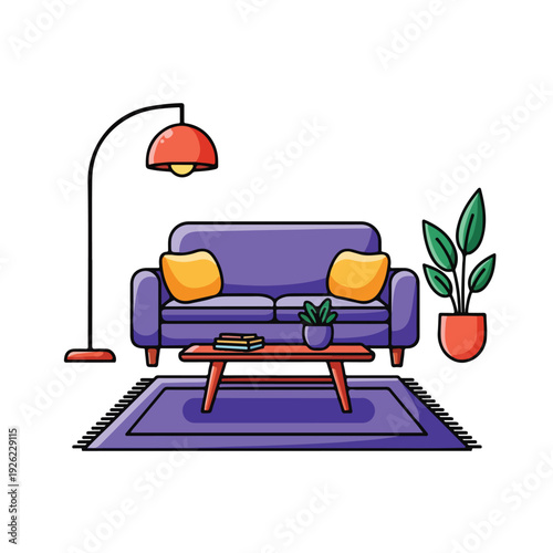 A cozy living room with purple couch and decor