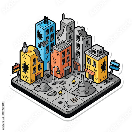 A damaged city block with colorful buildings