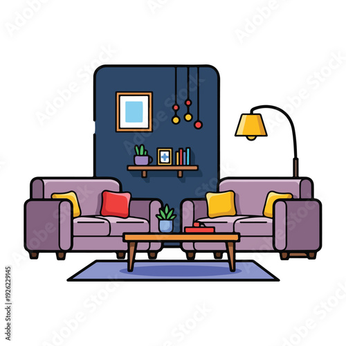 A cozy living room with purple couches and decor