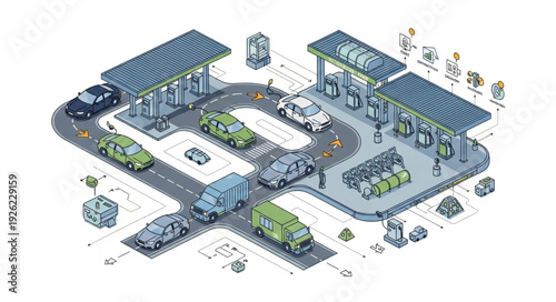 Detailed Isometric Gas Station Illustration.