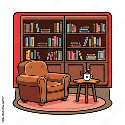 A cozy reading nook with bookcase and chair