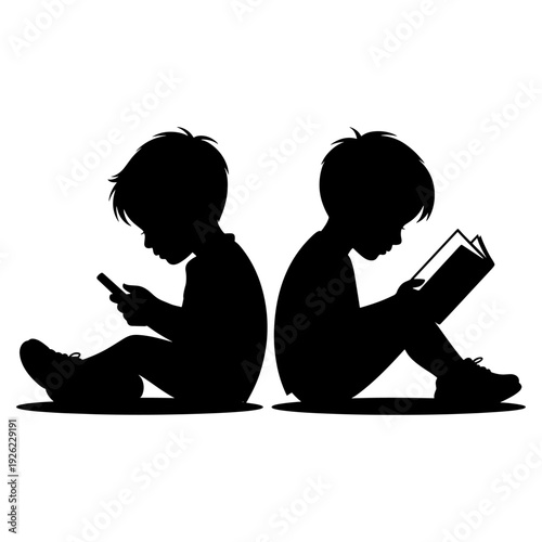 A little boy is looking at his mobile phone, another little boy is reading a book, Silhouette Illustration