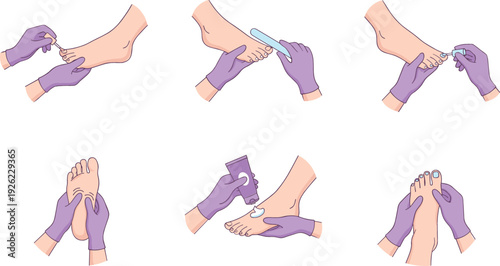 Professional Pedicure Process Steps Foot Care Treatment with Nail Filing Cuticle Cleaning and Polish Application Vector Illustration Set