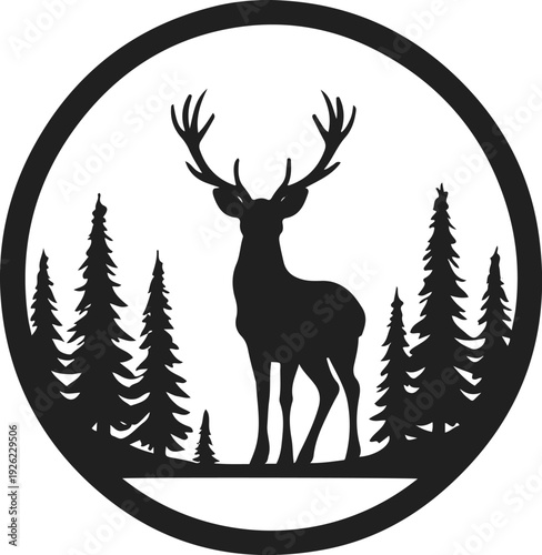 Pure black and white vector illustration of deer silhouette with simple forest line inside circular emblem 3