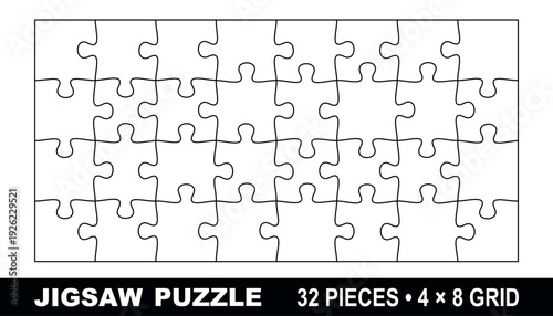 32 piece jigsaw puzzle template 4x8 grid rectangle vector layout isolated on white background clean outline design for print cutting mockup presentation business teamwork communication concept
