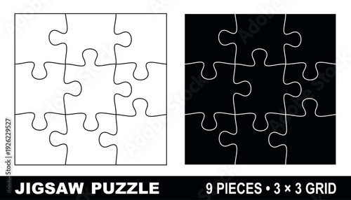 9 piece jigsaw puzzle template 3x3 square grid vector layout isolated on white background clean outline design for print cutting infographic presentation business teamwork communication concept