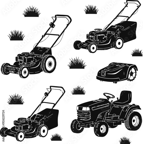 Illustration of various lawn mowers and tractor