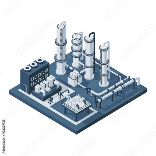 Industrial Factory 3D Model with Pipes and Towers.