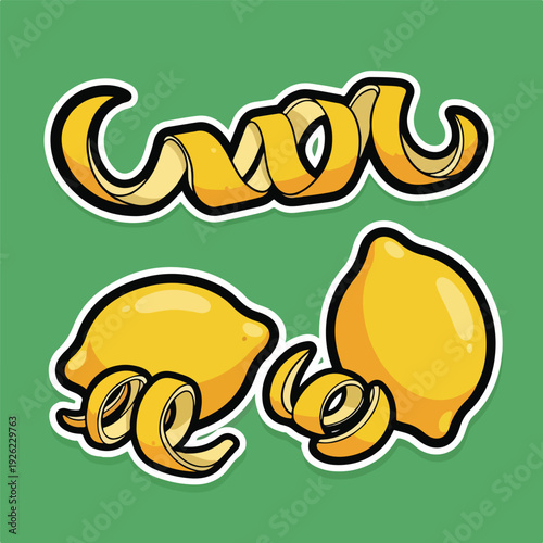 A digital illustration of lemons and peels on green