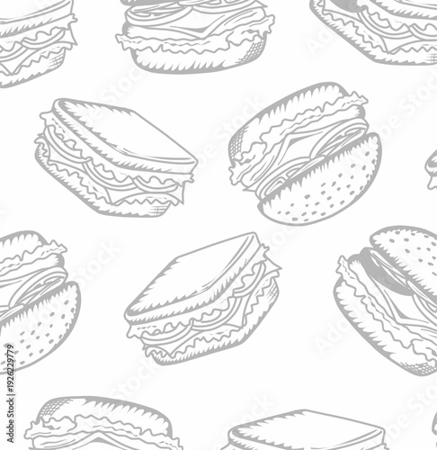 Sandwich burger Seamless Pattern. Hand Drawn Fast Food Illustration. Sandwich Repeating Background. Minimal Doodle Vector Texture.