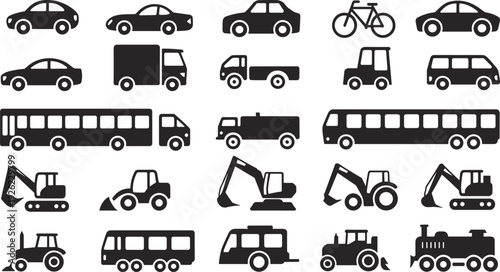 Vehicle icons collection, transportation silhouettes, cars, bicycle, pickup truck, van, bus, ambulance, excavator, bulldozer, tractor, train engine, automotive vector illustration