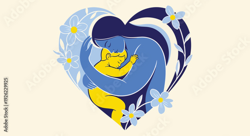 Beautiful Illustration Of Mother Embracing Child Inside Large Heart Shape With Blue Flowers Symbolizing Unconditional Love Parenting Care And Family Bonds