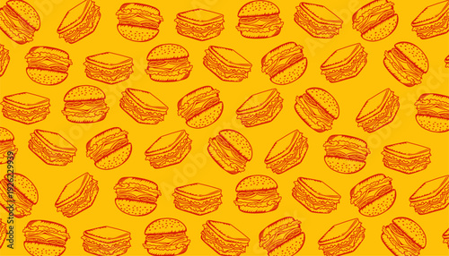 Sandwich Burger Seamless Pattern. Hand Drawn Fast Food Illustration. Sandwich Repeating Background. Minimal Doodle Vector Texture.