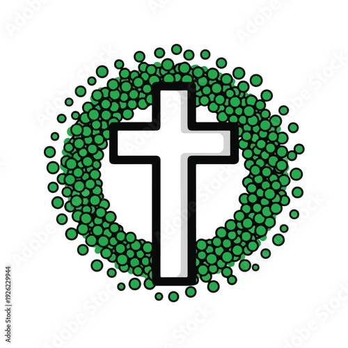A cross surrounded by a wreath of green circles
