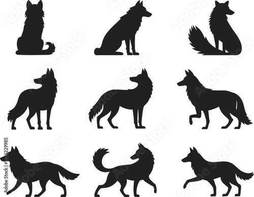 Wolf dog silhouettes, canine poses, sitting crouching, standing posture, walking trotting, animal movement, wildlife icon, fur tail design, animation reference, vector illustration