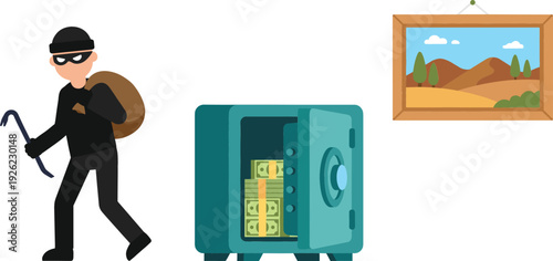Robber Stealing Money from Safe Home Burglary Crime Scene Illustration with Thief Crowbar and Open Vault Vector Design