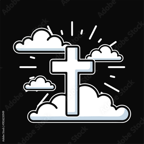 A cross surrounded by clouds and sun rays on black