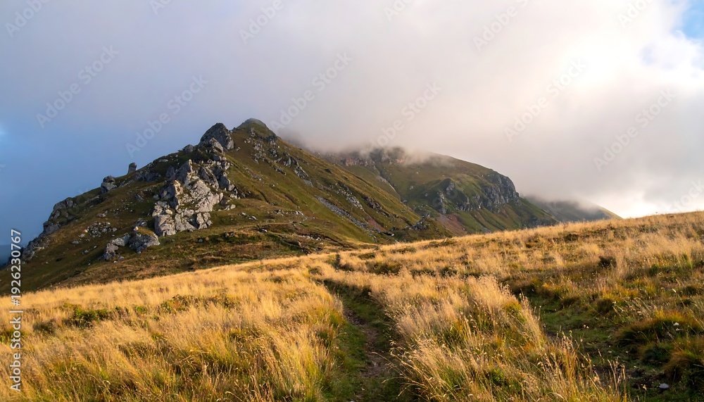 Fototapeta premium Golden Grass Field Leading to Majestic Mountain Peak Under Cloudy Sky.