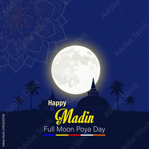 Happy Madin Full Moon Poya Day Vector Illustration with Stupa and Palm Trees Silhouette