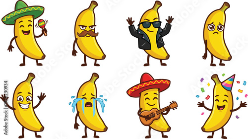 Funny Banana Cartoon Characters Set Cute Fruit Mascots with Different Emotions Sombrero Guitar Party and Crying Expressions Vector Illustration
