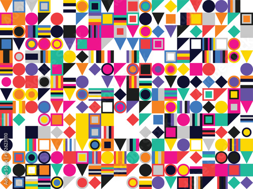 Vibrant geometric pattern with diverse shapes and colors