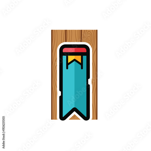 A digital illustration of a cyan bookmark with a red top on wood