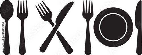 Fork, knife, spoon and plate set icons. Tableware set flat style. Dinnerservice collection. Plate, fork and knife for apps and websites. Dinner service - stock vector
