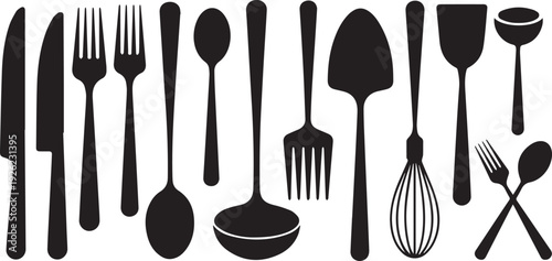 Collection of hand drawn black silhouette kitchen utensils and cutlery on white background