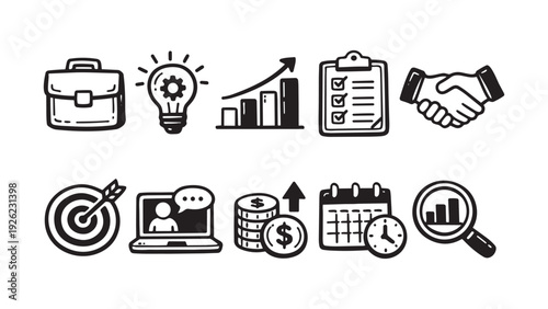 Set of hand-drawn doodle icons for business, finance, and management. Includes briefcase, growth chart, target, handshake, and planning elements in simple black line art style.