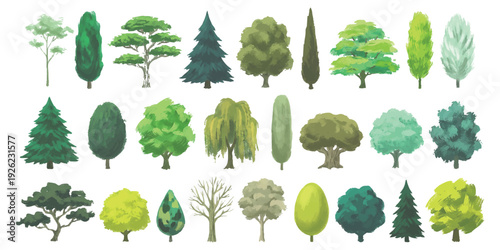Large set of various green forest and park trees icons in watercolor painterly style isolated on white background vector illustration