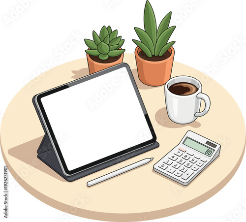Illustrated tabletop workspace with a blank tablet stylus calculator coffee and potted succulents.