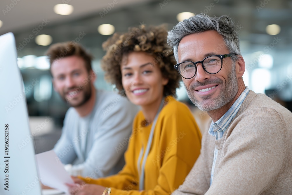 Fototapeta premium Business team working in modern office. Digital collaboration and teamwork concept. Corporate communication and project planning. Technology driven productivity. Professional partnership and success.