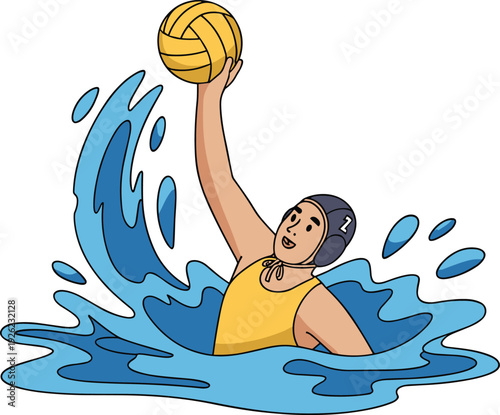 Female water polo player cartoon illustration, athlete throwing ball in pool dynamic aquatic sports vector