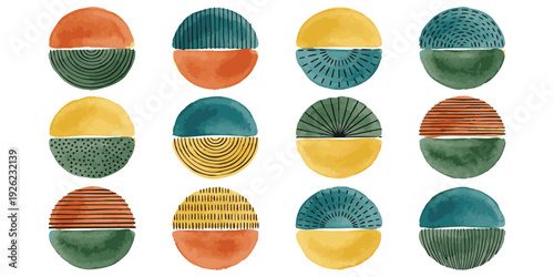 Set of abstract watercolor geometric circles with various patterns and earthy colors in a minimalist hand-drawn vector illustration style