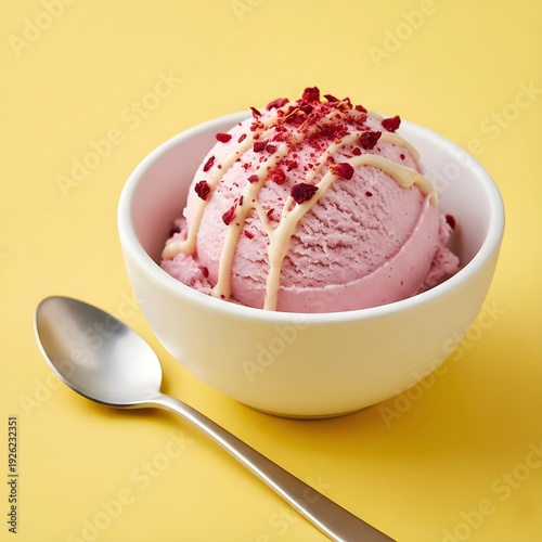 Refreshing Strawberry Ice Cream Scoop with Toppings in a White Bowl