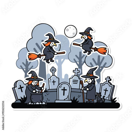 Cartoon witches fly over graveyard with cat