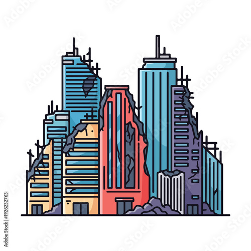 Colorful illustration of a damaged cityscape