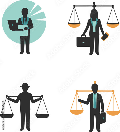Professionals in law business and finance with scales and charts