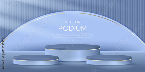 A backdrop with three podiums in blue tones
