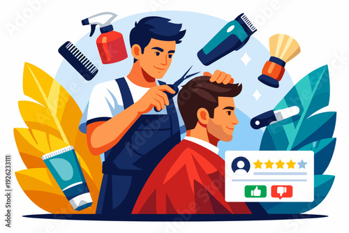 Barber cutting hair of a client with scissors and comb.