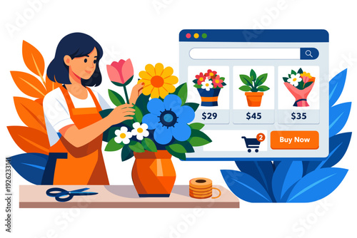 Florist arranging flowers for online sale on computer screen.