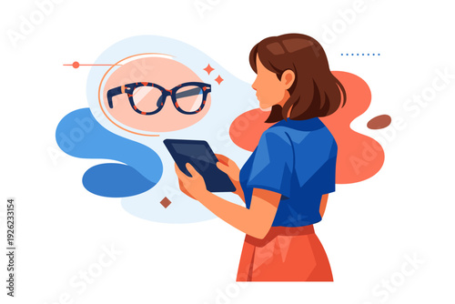 Woman holding tablet choosing eyeglasses online vision care concept.