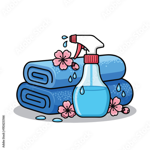 Cleaning supplies with towels and flowers